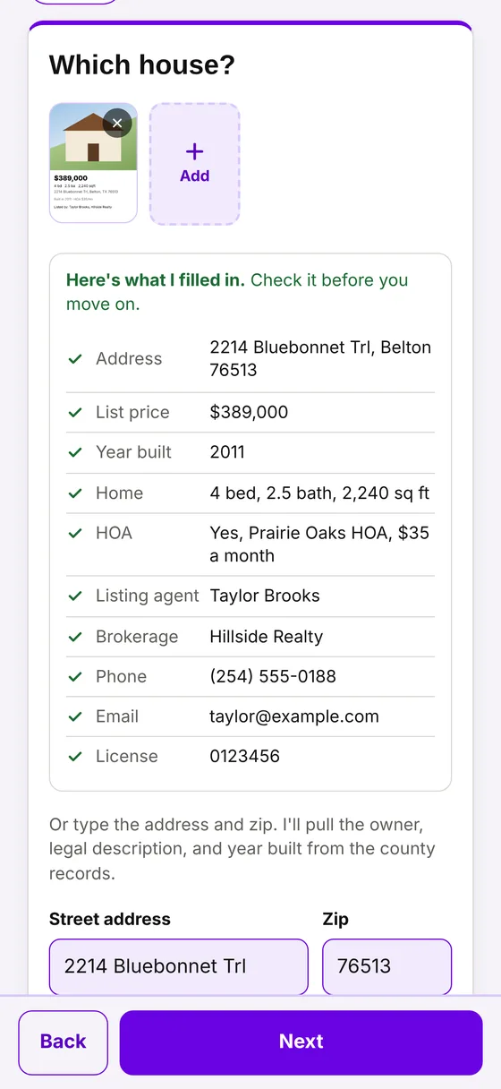 DraftDox filling in a house from a listing screenshot